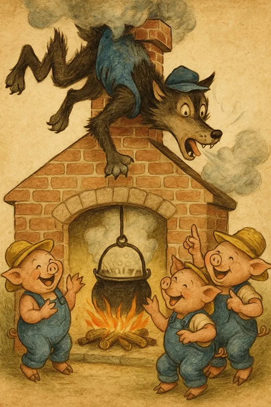 De wolf valt in de ketel met kokend water